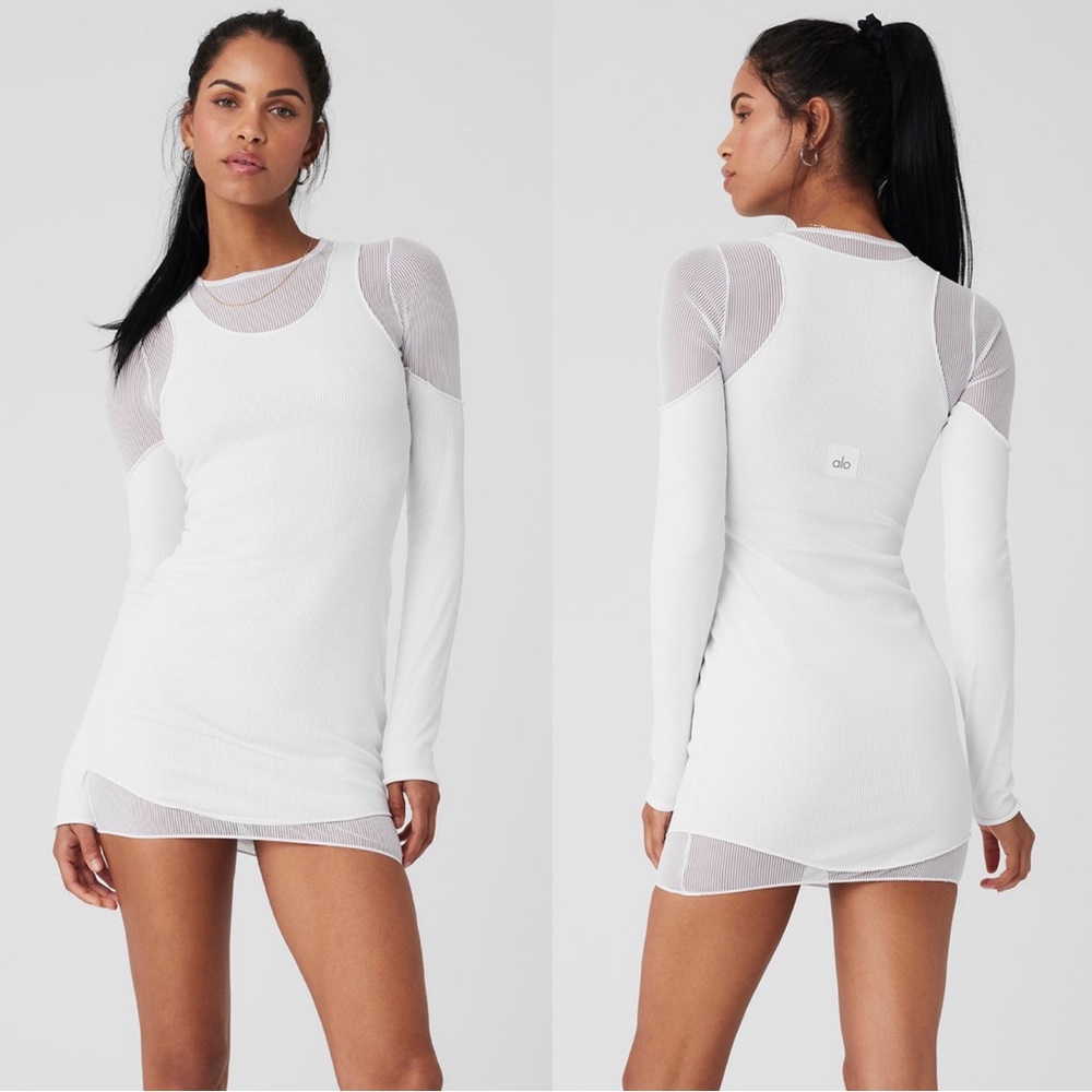 ALO Yoga Striped Mesh Synergy Long Sleeve Dress White
